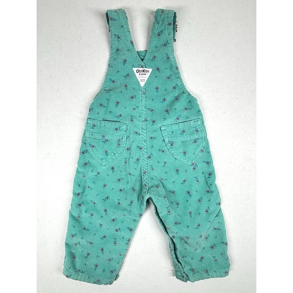 VTG OshKosh B'Gosh Floral Corduroy Overalls Girls‎ 18 month Green Triangle